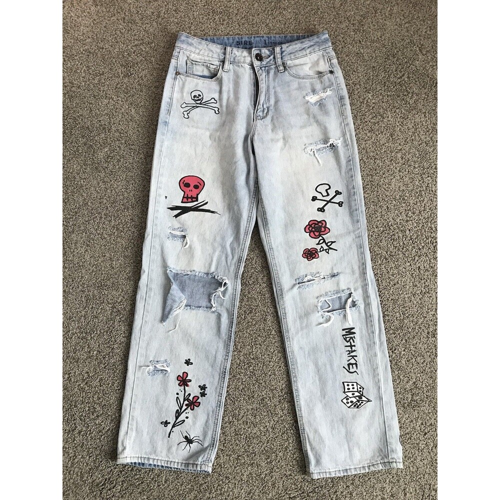 Ninth Hall Sire Jeans Women’s Graffiti Graphic Tattoo Distressed Dad Fit Size 30